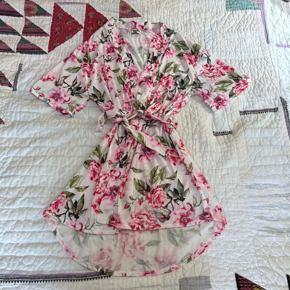 Show Me Your Mumu Floral Robe Pink White Kimono Wrap One Size O/S
